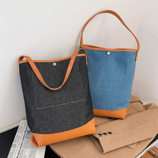 Large Patchwork Denim Bucket Bag