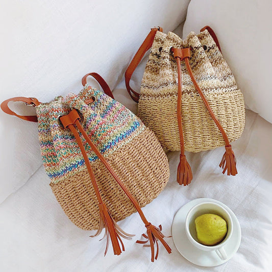 Bohemian Woven Straw Bucket Bag