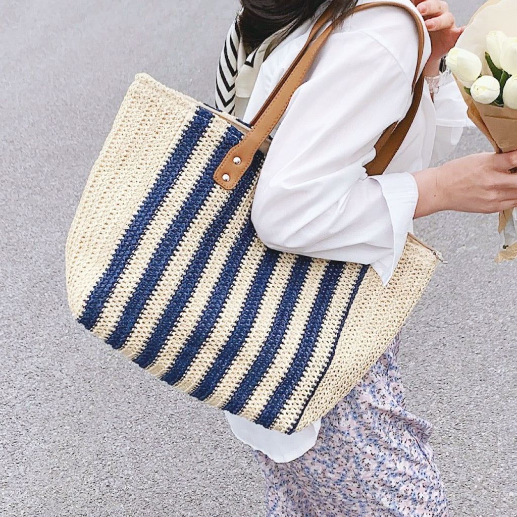 Vertical Striped Straw Tote Bag