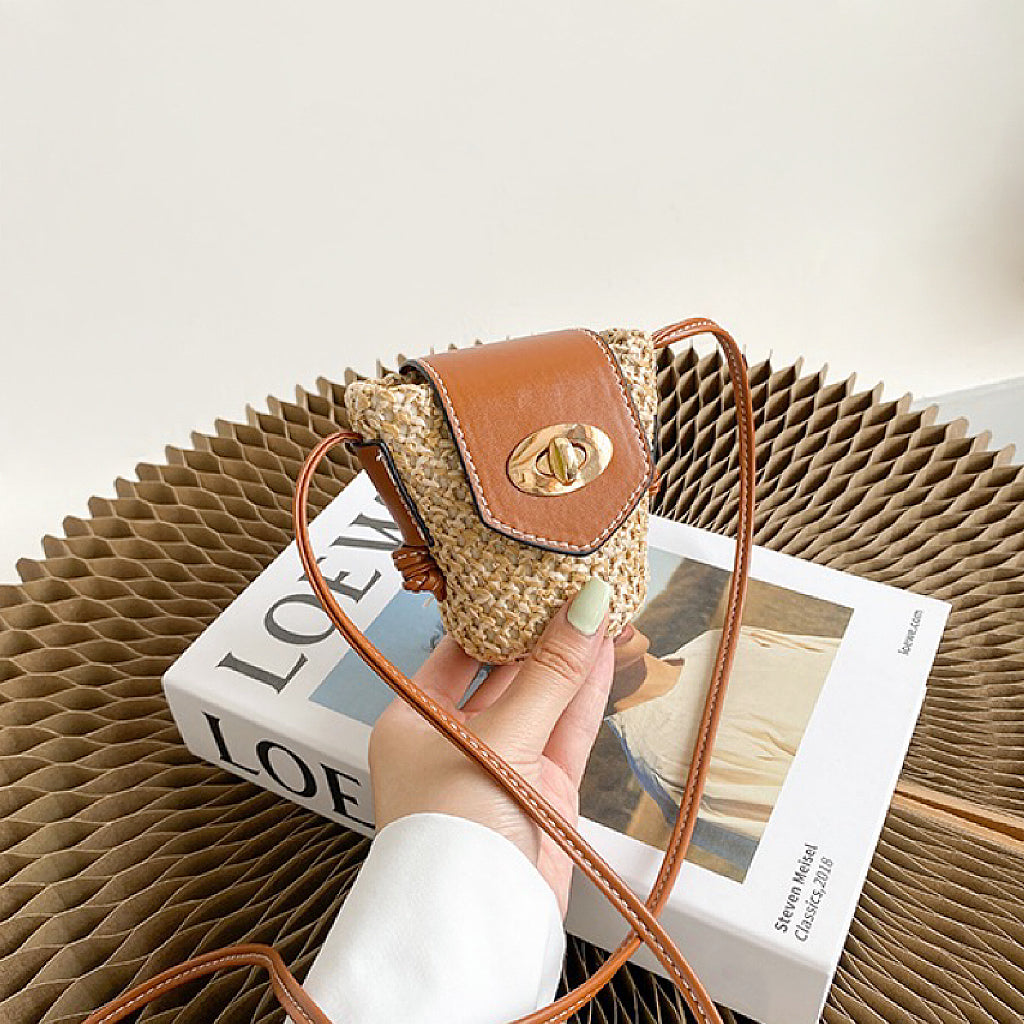 Mini PU Mix Raffia Straw Bucket Crossbody Bag