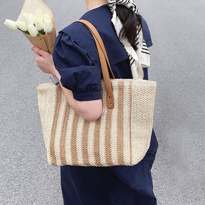 Vertical Striped Straw Tote Bag