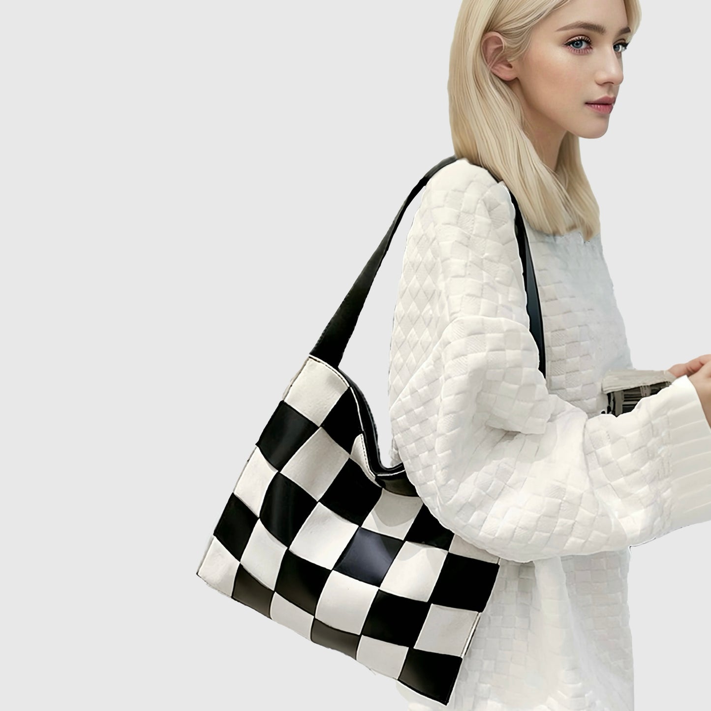 Checkered Woven Leather Shoulder Bag