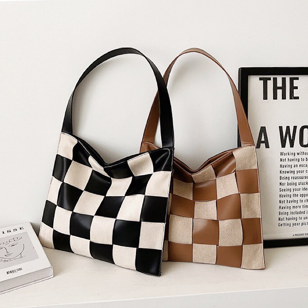 Checkered Woven Leather Shoulder Bag