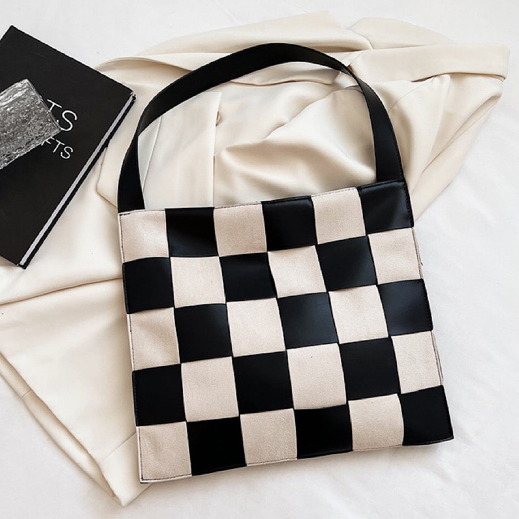 Checkered Woven Leather Shoulder Bag