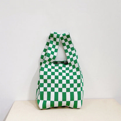 Checkered Woven Tote Bag In Green-White