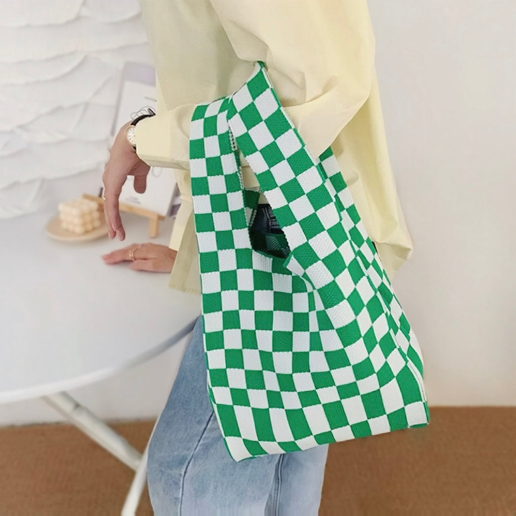 Checkered Woven Tote Bag In Green-White