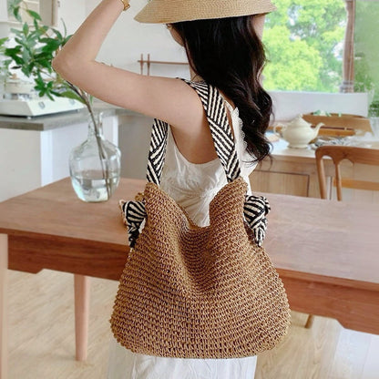 Artistic Stripes Knotted Strap Straw Bag