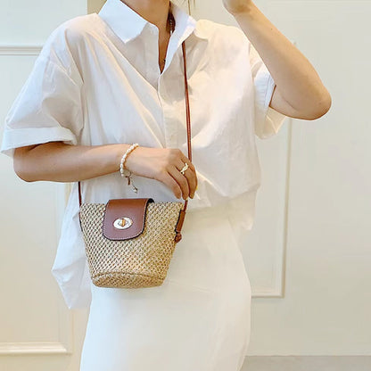 Mini PU Mix Raffia Straw Bucket Crossbody Bag