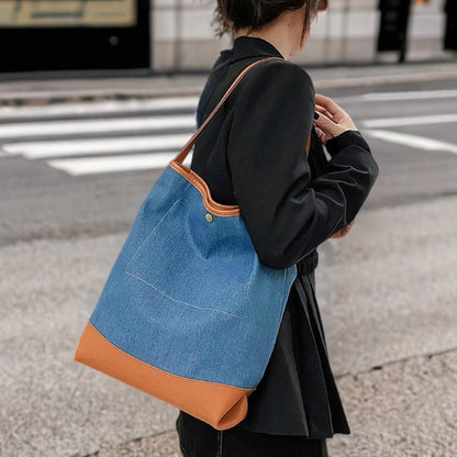 Borsa a secchiello grande in denim patchwork